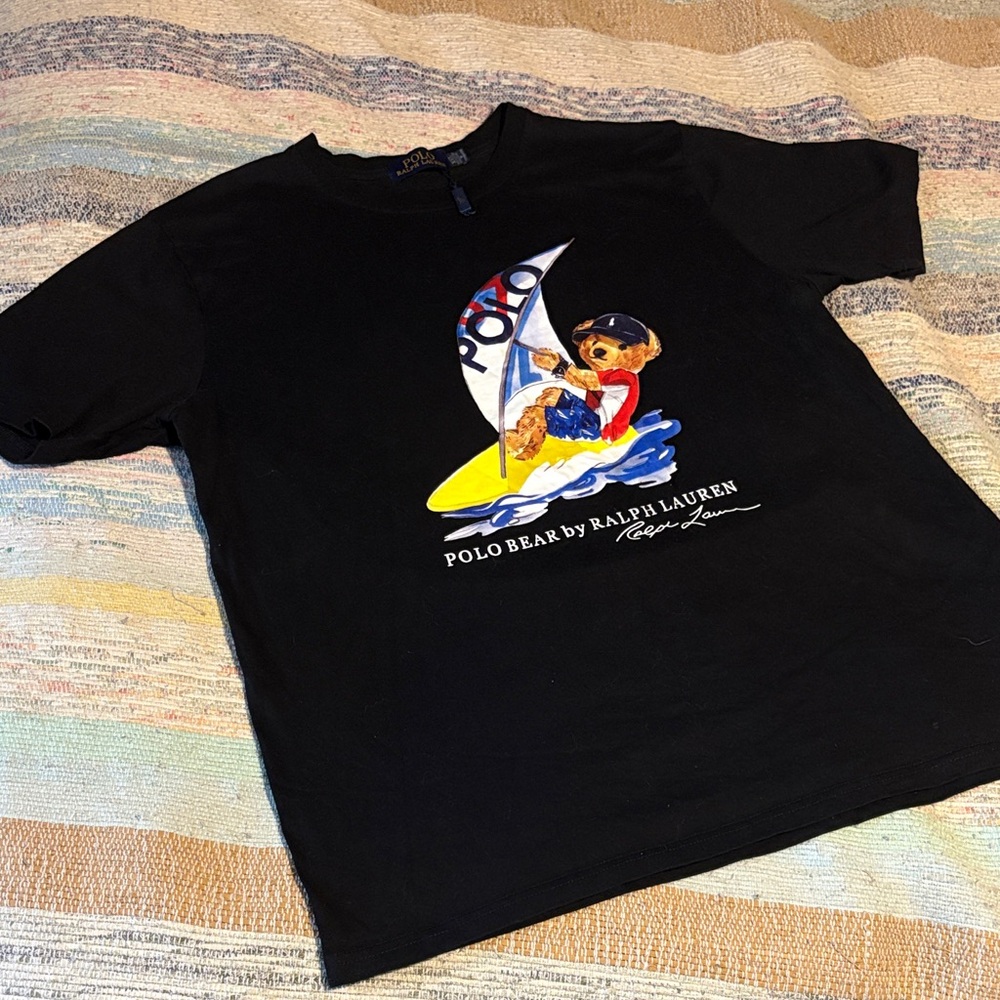 Ralph Lauren Black Tee with Polo Bear Graphic wind surfing, cotton XXL